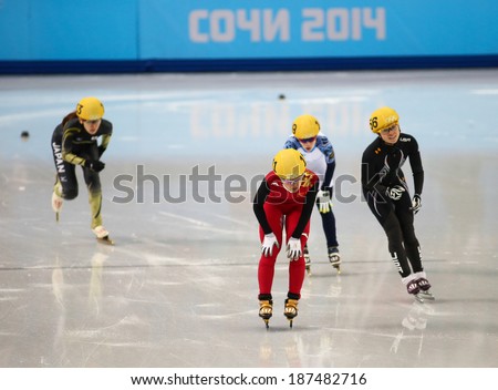 Sochi, RUSSIA - February 18, 2014: Jianrou LI (CHN) No.111 at Ladies\' 1000 m Short Track Heats at the Sochi 2014 Olympic Games