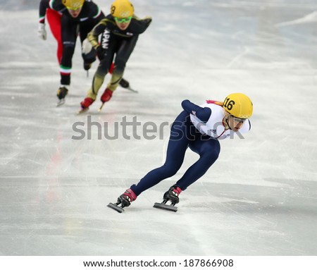 Sochi, RUSSIA - February 18, 2014: Elise CHRISTIE (GBR) No.116 at Ladies\' 1000 m Short Track Heats at the Sochi 2014 Olympic Games