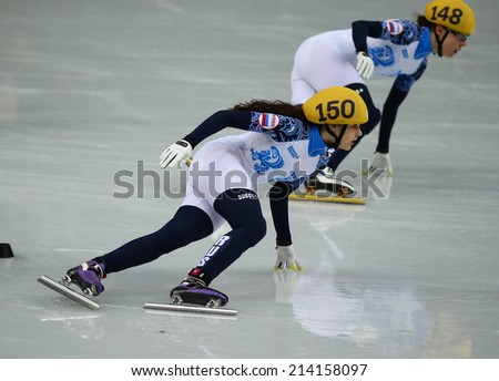Sochi, RUSSIA - February 18, Sofia PROSVIRNOVA (RUS), No 150 at Ladies\' 3000 m Heats Short Track Relay at the Sochi 2014 Olympic Games