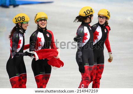 Sochi, RUSSIA - February 18, Canadian team celebrates silver medal at Ladies\' 3000 m Short Track Relay Final at the Sochi 2014 Olympic Games
