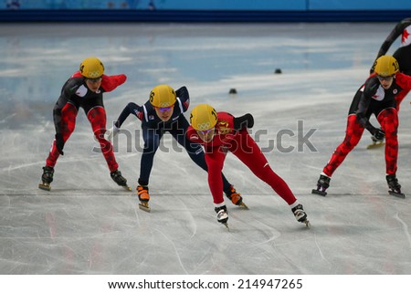 Sochi, RUSSIA - February 18, Yang ZHOU (CHN), No 113 at Ladies\' 3000 m Heats Short Track Relay at the Sochi 2014 Olympic Games