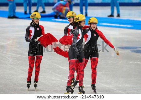 Sochi, RUSSIA - February 18, Canadian team celebrates silver medal at Ladies\' 3000 m Short Track Relay Final at the Sochi 2014 Olympic Games