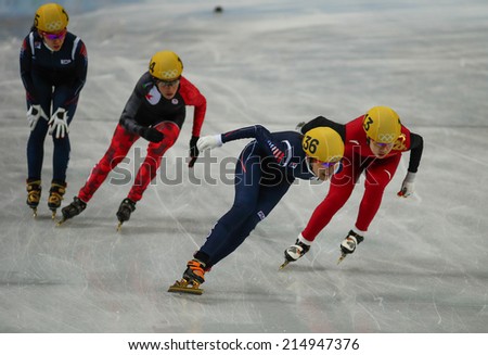 Sochi, RUSSIA - February 18, Alang KIM (KOR), No 136 at Ladies\' 3000 m Heats Short Track Relay at the Sochi 2014 Olympic Games