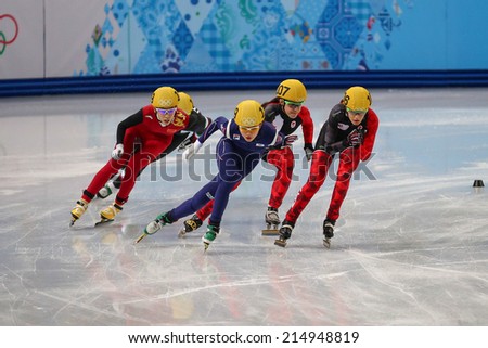Sochi, RUSSIA - February 18, Jessica HEWITT (CAN), No 106 at Ladies' 3000 m Heats Short Track Relay at the Sochi 2014 Olympic Games