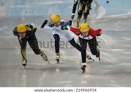 Sochi, RUSSIA - February 18, Valeriya REZNIK (RUS), No 151 at Ladies\' 3000 m Heats Short Track Relay at the Sochi 2014 Olympic Games