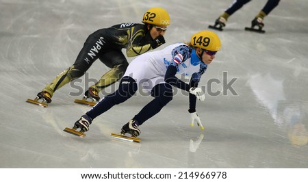Sochi, RUSSIA - February 18,  Tatiana BORODULINA (RUS), No 149 at Ladies\' 3000 m Heats Short Track Relay at the Sochi 2014 Olympic Games