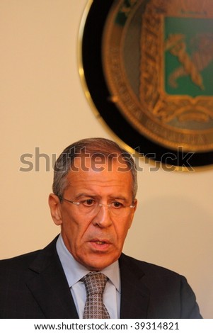 KHARKIV - OCTOBER 6: Meeting of heads of foreign affairs ministries of Ukraine and Russia - Volodymyr Khandogiy and Sergei Lavrov in Kharkiv. October 6, 2009 in Kharkiv, Ukraine.Sergei Lavrov