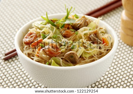 Fried Pancit Bihon Noodles Serve On Bowl With Chopstick Stock Photo ...