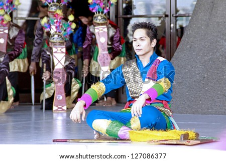 MANILA, PHILIPPINES -FEB 3: Actor performs cultural dance in Pasinaya 2013 on February 3, 2013 in CCP Manila. The Pasinaya Open House Festival is the largest multi-arts in the Philippines.