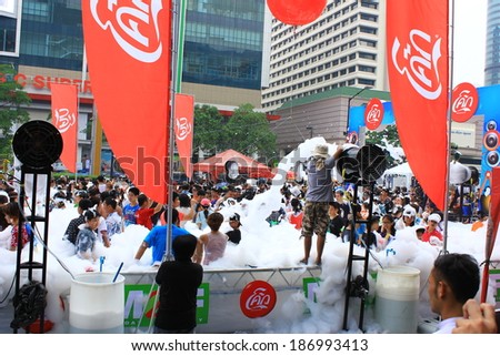 Bangkok, Thailand - 13 April, 2014: Foam party. Tourists came to Thailand and splattered water to each other. Songkran Festival is also called Thai New Year. It is from April 13th to 15th.