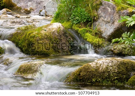 Forest stream in mountains running over mossy rocks