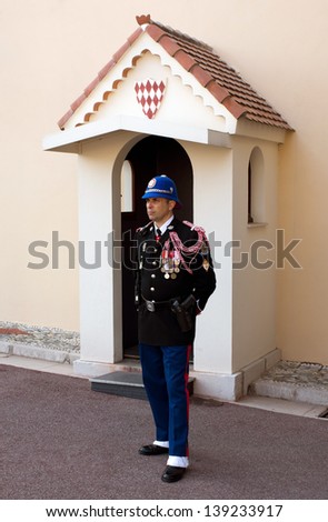 MONTE CARLO, MONACO - MAY 1: Guard on duty at official residence of Prince on May 1, 2013 in Monte Carlo, Monaco.