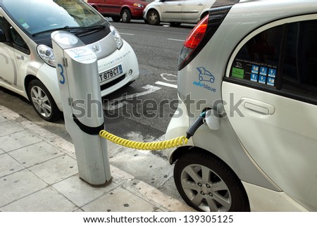 NICE - MAY 1: Electric cars at a charging station on May 1, 2013 in Nice, France.