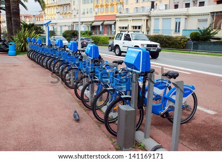 NICE, FRANCE - APRIL 27: Public Bicycles Sharing Station on April 27, 2013 in Nice, France. One of 120 stations in Nice. This service offers over 1,200 self-service bicycles.