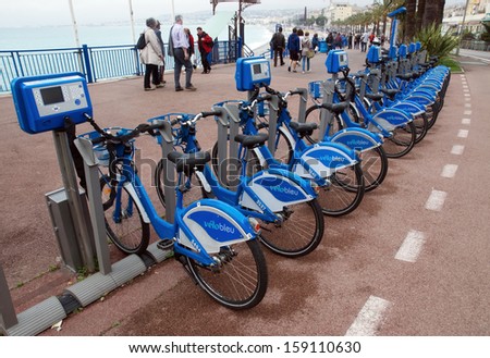 NICE, FRANCE - MAY 30: Public Bicycles Sharing Station on May 30, 2013 in Nice, France. One of 120 stations in Nice. This service offers over 1200 self-service bicycles.