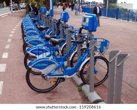NICE, FRANCE - APRIL 27: Public Bicycles Sharing Station on April 27, 2013 in Nice, France. One of 120 stations in Nice. This service offers over 1200 self-service bicycles.