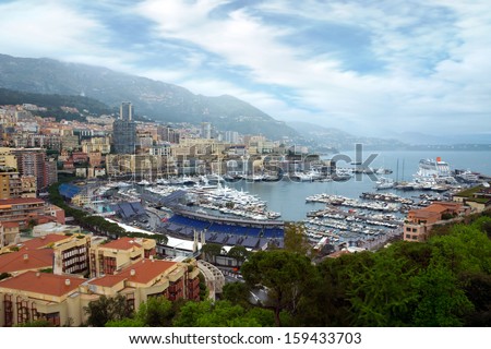 MONTE CARLO, MONACO - APRIL 28: Monaco\'s port panoramic view before start of Formula 1 Grand Prix on April 28, 2013 in Monte Carlo, Monaco.