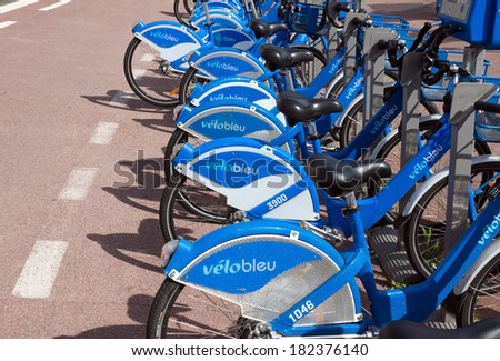 NICE, FRANCE - MAY 4: Public Bicycles Sharing Station on May 4, 2013 in Nice, France. One of 120 stations in Nice. This service offers over 1200 self-service bicycles.