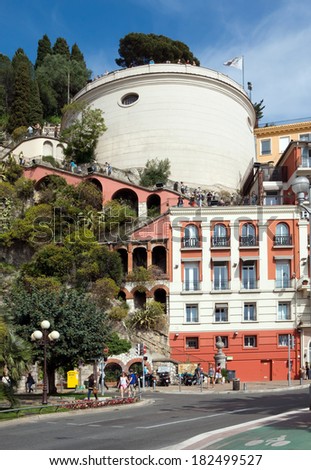 NICE, FRANCE - MAY 4: Architecture of Castle Hill on May 4, 2013 in Nice, France. Castle Hill is the most popular place in the city of Nice. Tourists are climbing to the viewpoint and looking down.