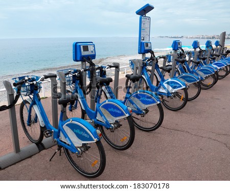 NICE, FRANCE - MAY 5: Public Bicycles Sharing Station on Promenade Des Anglais on May 5, 2013 in Nice, France. One of 120 stations in Nice. This service offers over 1200 self-service bicycles.