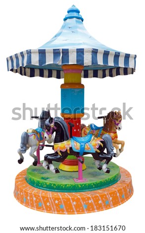 Children\'s carousel with horses isolated on white. Clipping Path included.