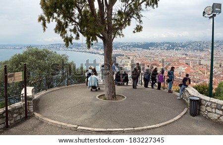 NICE, FRANCE - MAY 5: Viewpoint on the Castle Hill on May 5, 2013 in Nice, France. Tourists are climbing to the viewpoint and looking down on the riviera from above.