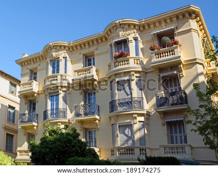 NICE, FRANCE - MAY 4: Architecture along Promenade des Anglais on May, 4, 2013 in Nice, France. It is a symbol of the Cote d\'Azur and was built in 1830 at the expense of the British colony.