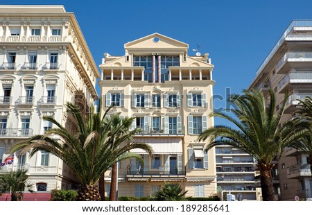 NICE, FRANCE - MAY 4: Architecture along Promenade des Anglais on May, 4, 2013 in Nice, France. It is a symbol of the Cote d\'Azur and was built in 1830 at the expense of the British colony.