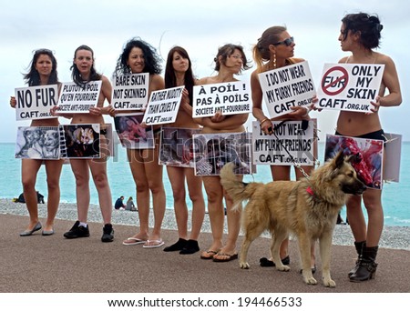 NICE, FRANCE - APRIL 27: The protest of the Green Party to protect animals from extinction at Promenade des Anglais on April 27, 2013 in Nice, France.