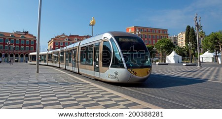 NICE, FRANCE - MAY 31: Modern tram in the centre of city on May 31, 2014. Tram is the main mode of transport in the city. The tram line connects the western and eastern parts of the city.