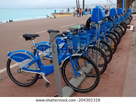 NICE, FRANCE - APRIL 27: Public Bicycles Sharing Station on April 27, 2013 in Nice, France. One of 120 stations in Nice. This service offers over 1200 self-service bicycles.