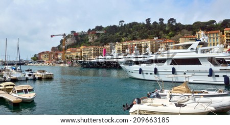 NICE, FRANCE - APRIL 27: Buildings and boats within a Port de Nice on April 27, 2013 in Nice, France. Port de Nice was started in 1745.