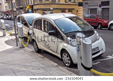 NICE - MAY 1: Electric cars at a charging station on May 1, 2013 in Nice, France.