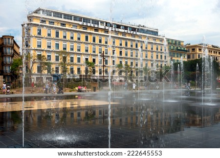NICE, FRANCE - JUNE 4, 2014: View on the Grand Hotel Aston and Lovely Fountain. Hotel is founded in the early 1930s.