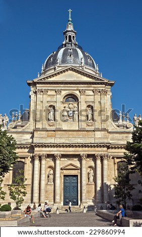 PARIS, FRANCE - JUNE 11, 2014: Sorbonne University in Latin Quarters. Name is derived from College de Sorbonne, founded by Robert de Sorbon (1257) - one of first colleges of medieval University.