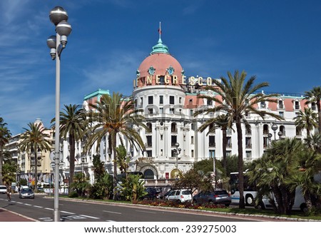 NICE, FRANCE - JUNE 6, 2014: Luxury Hotel Negresco on English Promenade in Nice, French Riviera. This is the famous luxury hotel on the Promenade des Anglais in Nice, a symbol of the Cote d\'Azur.