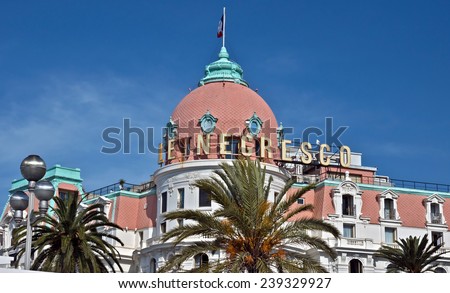 NICE, FRANCE - JUNE 6, 2014: Luxury Hotel Negresco on English Promenade in Nice, French Riviera. This is the famous luxury hotel on the Promenade des Anglais in Nice, a symbol of the Cote d'Azur.