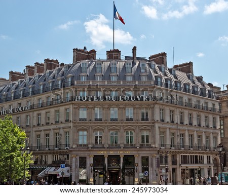 PARIS, FRANCE - JUNE 11, 2014: Facade of the Grand Hotel du Louvre, Hyatt Hotel in Paris. Located near Louvre Palace in a beautiful historic building builted in 1895.