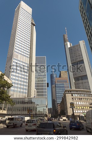 FRANKFURT AM MAIN, GERMANY - JULY 2, 2015: Skyscrapers of Frankfurt am Main. Frankfurt is the fifth-largest city in Germany.
