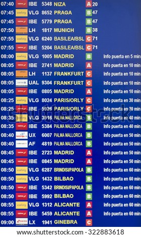 BARCELONA, SPAIN - JULY 16, 2015: Departures board in El Prat-Barcelona airport. This airport was inaugurated in 1963. Airport is one of the biggest in Europe.