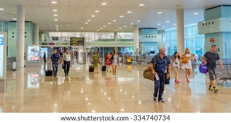 BARCELONA, SPAIN - JULY 16, 2015: The public area at the Terminal T1 of El Prat-Barcelona airport.