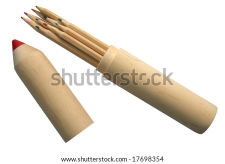 stock photo : Big wooden pencil-case filled with colored pencils.
