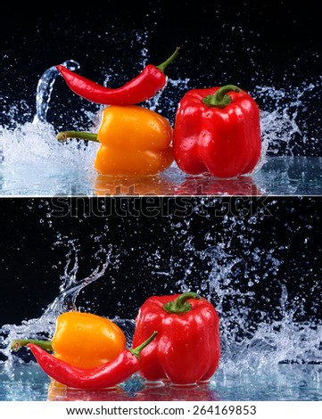 Collage Pepper in spray of water. Juicy pepper with splash on black background