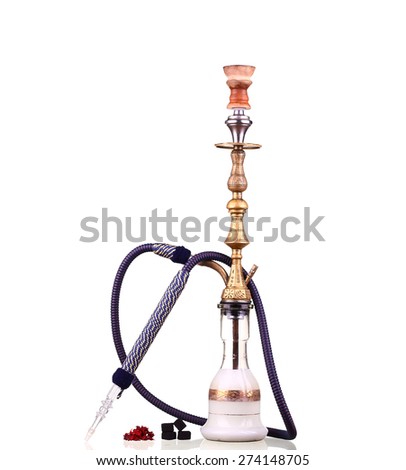 collage Hookah isolated on a white background. Water pipe, hookah tobacco, coal, charcoal
