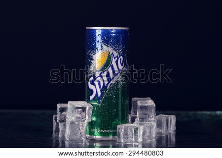 LVOV, UKRAINE-JULY 7, 2015: Can of Coca Cola company soft drink Sprite on ice. It was introduced in the United States in 1961. This was Coke\'s response to the popularity of 7 Up.