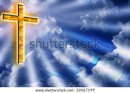 Golden christian cross in the sky with sunlight beams bursting through clouds
