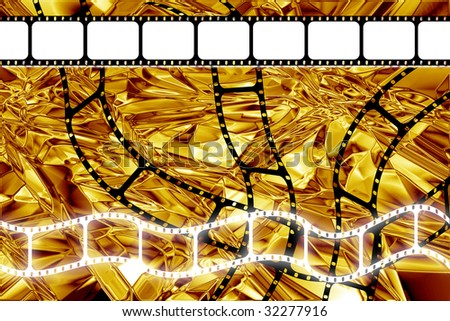 Golden era theater movie 35mm film dvd or reel strip over gold abstract background