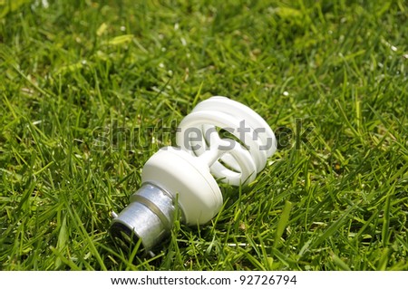 A compact fluorescent lightbulb on grass.