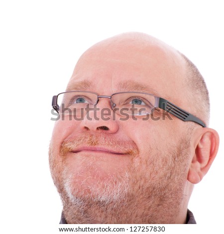 Charismatic adult man looking up. All on white background.