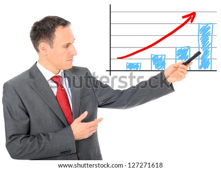 Businessman presents positive chart. All on white background.